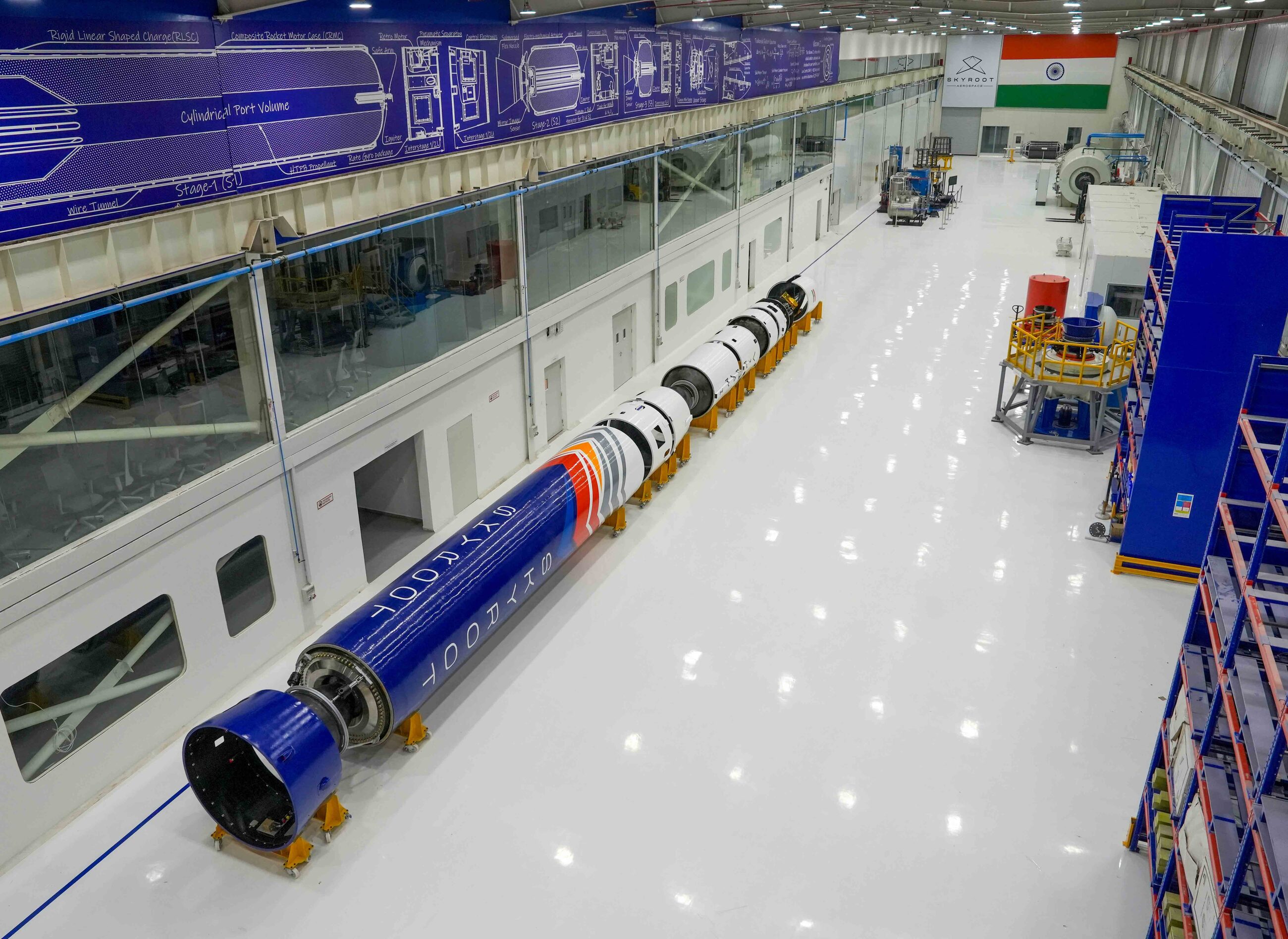 The complete Vikram-1 vehicle laid out horizontally on transport cradles inside Skyroot's integration hall