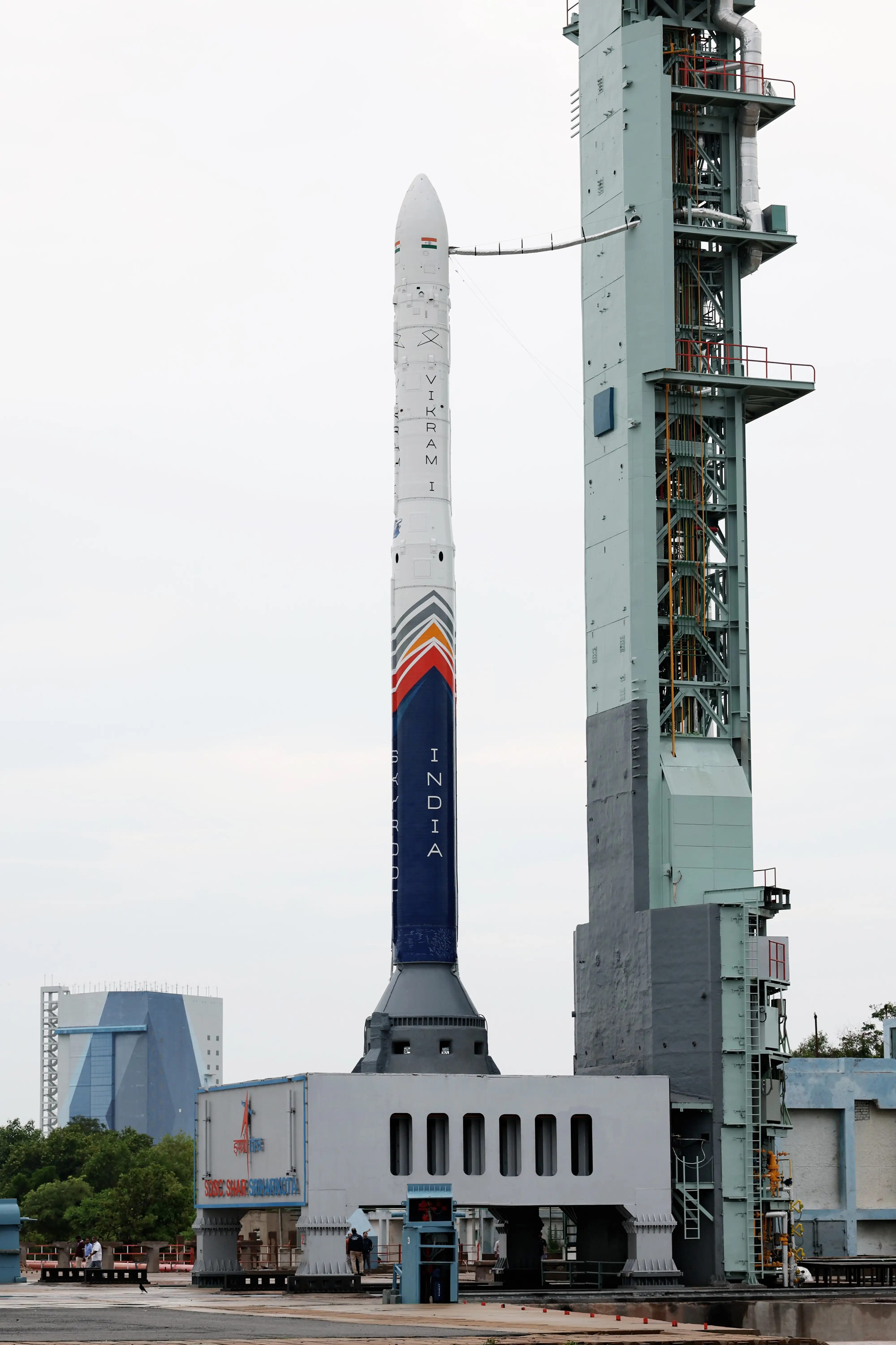 Vikram-1 standing on the First Launch Pad at Satish Dhawan Space Centre SHAR